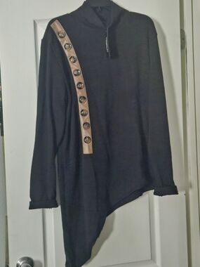 Black Asymmetric Knit Sweater with Tan Button Trim